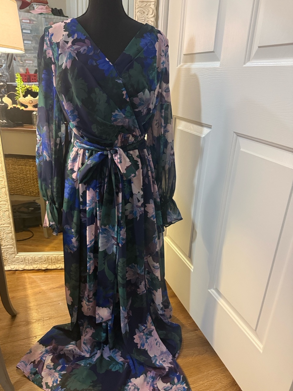 Adrianna Papell Navy Floral Wrap Maxi Dress with Blue, Pink & Green